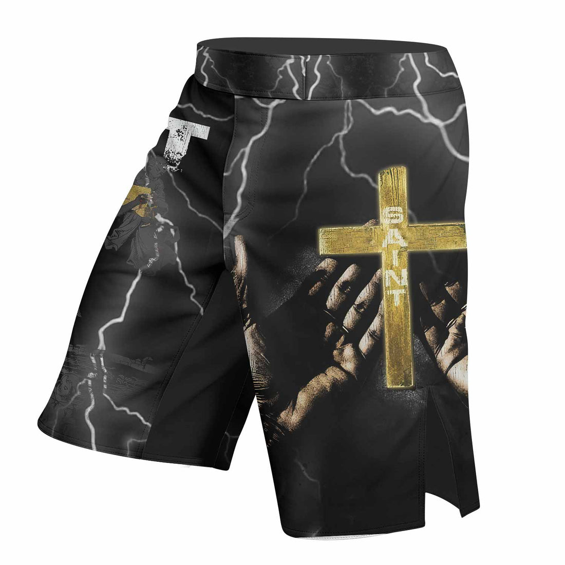 Crucified Saint Fight Shorts | Durable MMA & Training Shorts - right side mockup