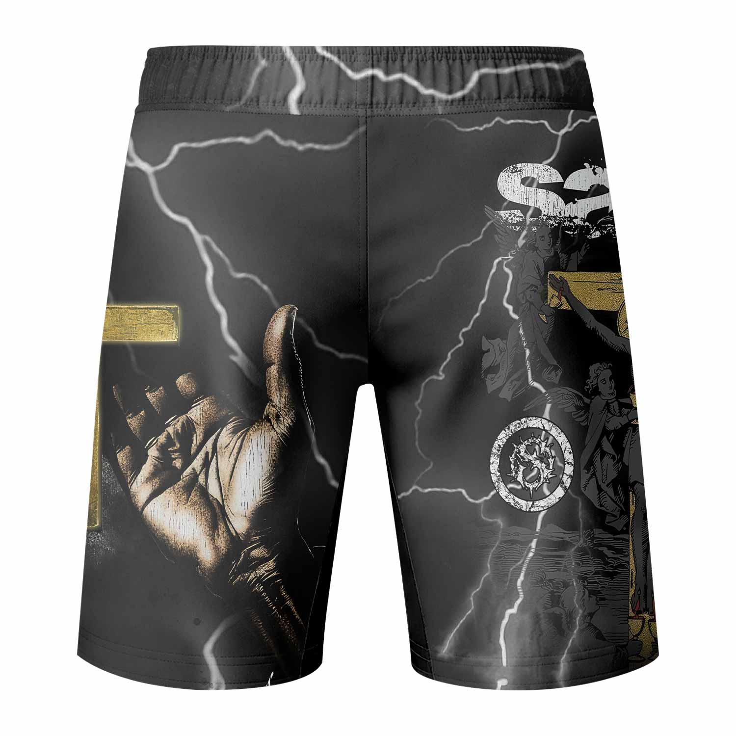 Crucified Saint Fight Shorts | Durable MMA & Training Shorts - back view mockup