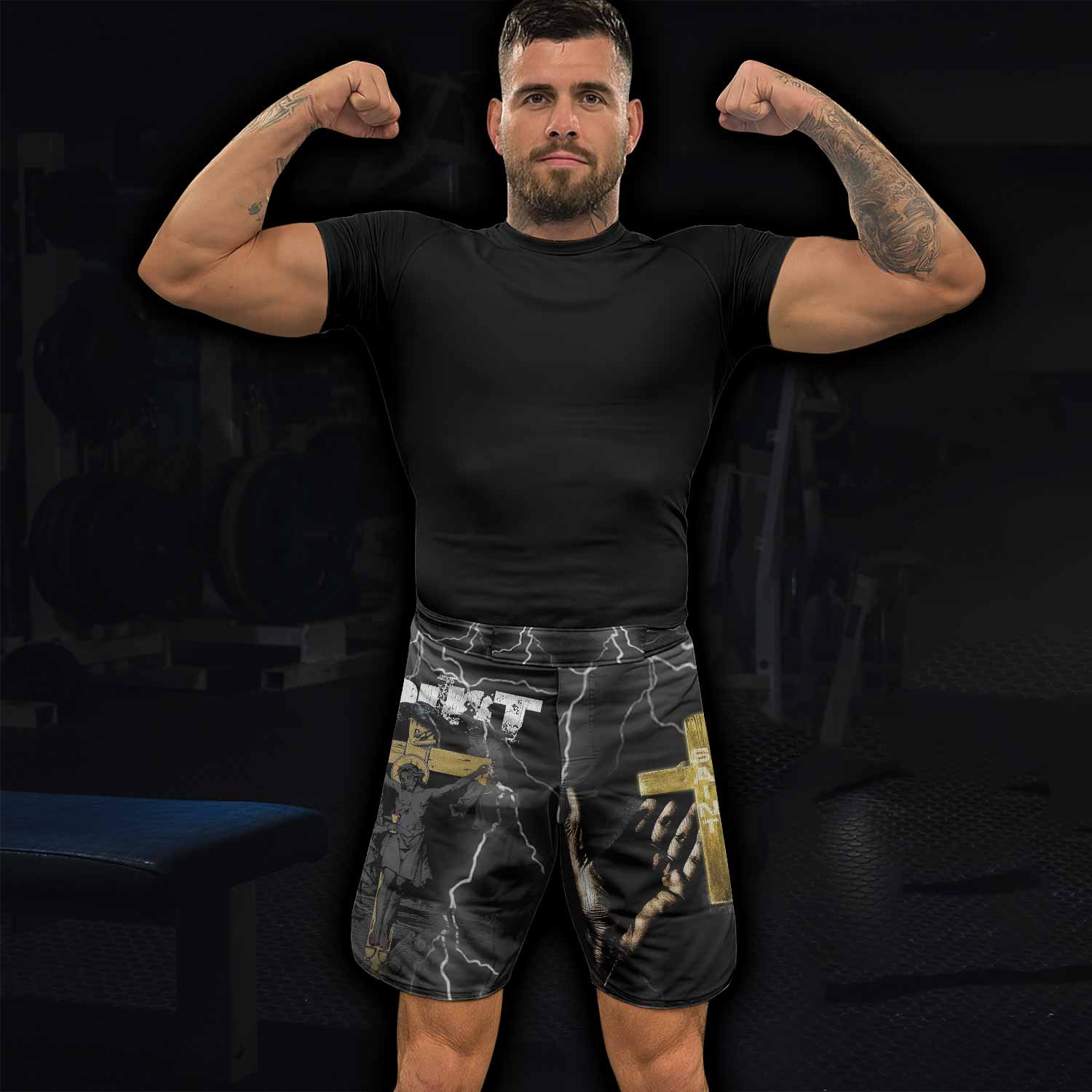 Crucified Saint Fight Shorts | Durable MMA & Training Shorts - lifestyle view