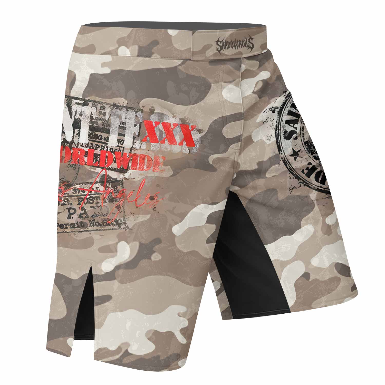 Saint Tears Camo Fight Shorts - Durable MMA, BJJ & Boxing Shorts - right side mockup