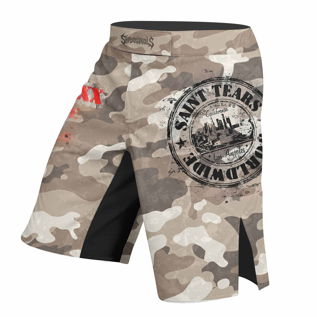 Saint Tears Camo Fight Shorts - Durable MMA, BJJ & Boxing Shorts - right side mockup