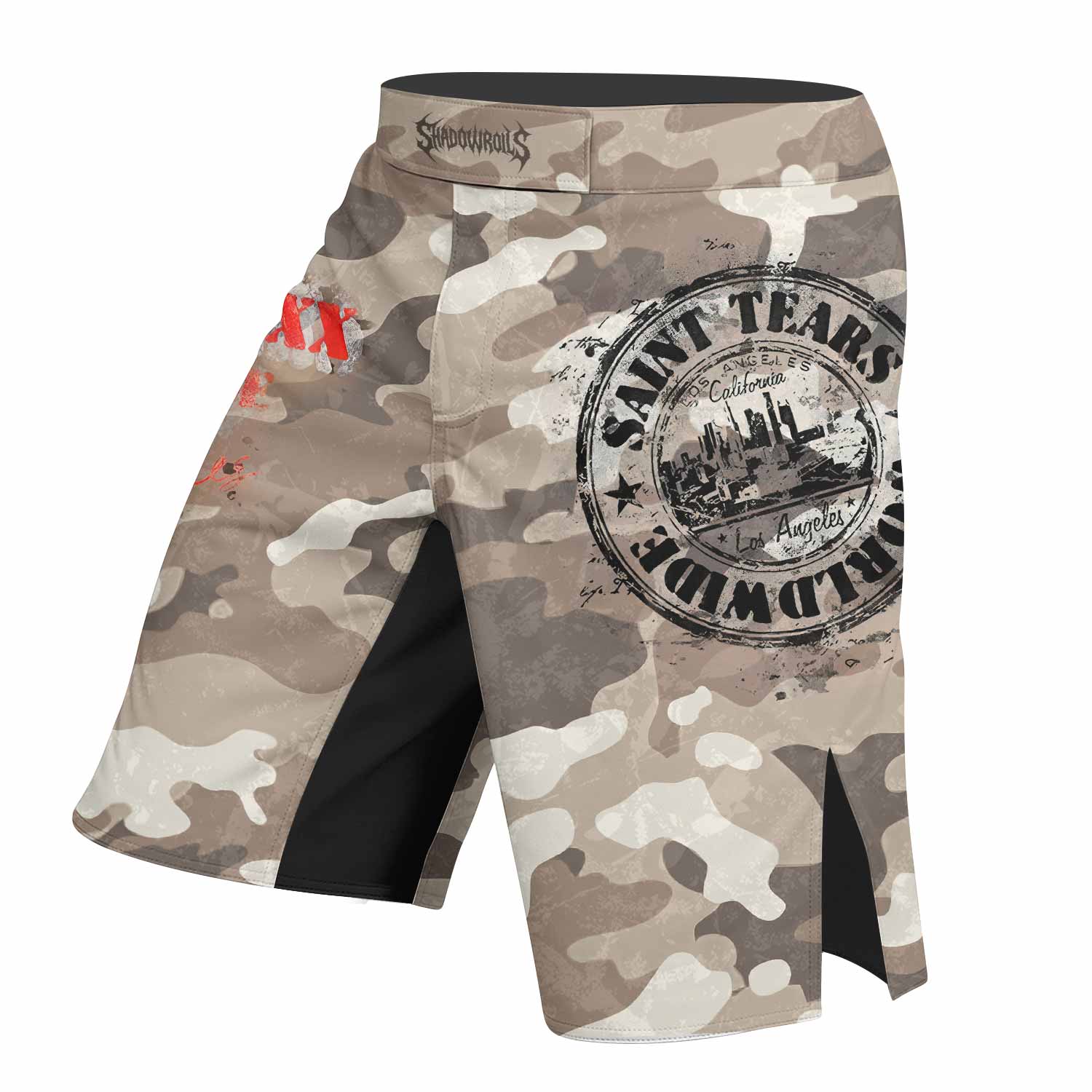 Saint Tears Camo Fight Shorts - Durable MMA, BJJ & Boxing Shorts - left side mockup