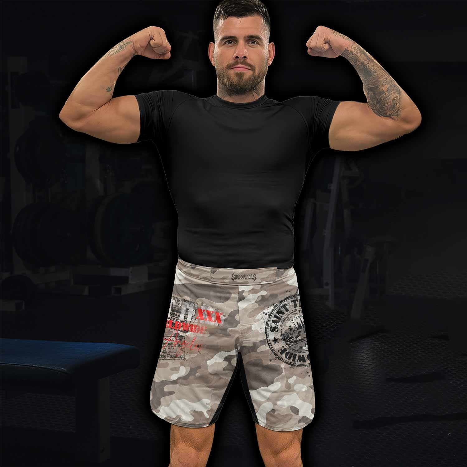 Saint Tears Camo Fight Shorts - Durable MMA, BJJ & Boxing Shorts - lifestyle view