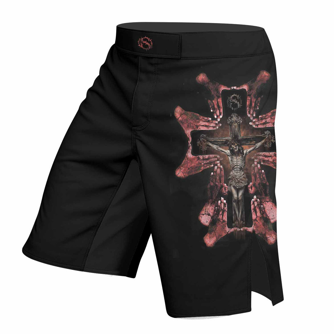 Stigmata Prayer Fight Shorts - Durable MMA, BJJ & Boxing Shorts - right side mockup