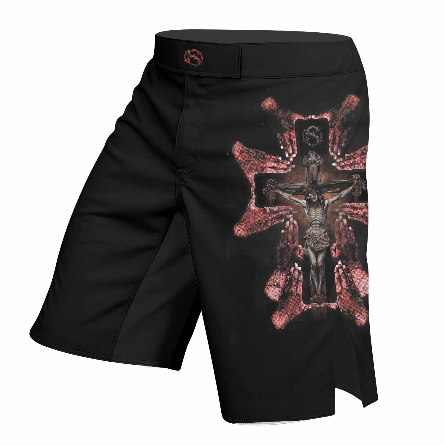 Stigmata Prayer Fight Shorts - Durable MMA, BJJ & Boxing Shorts - left side mockup