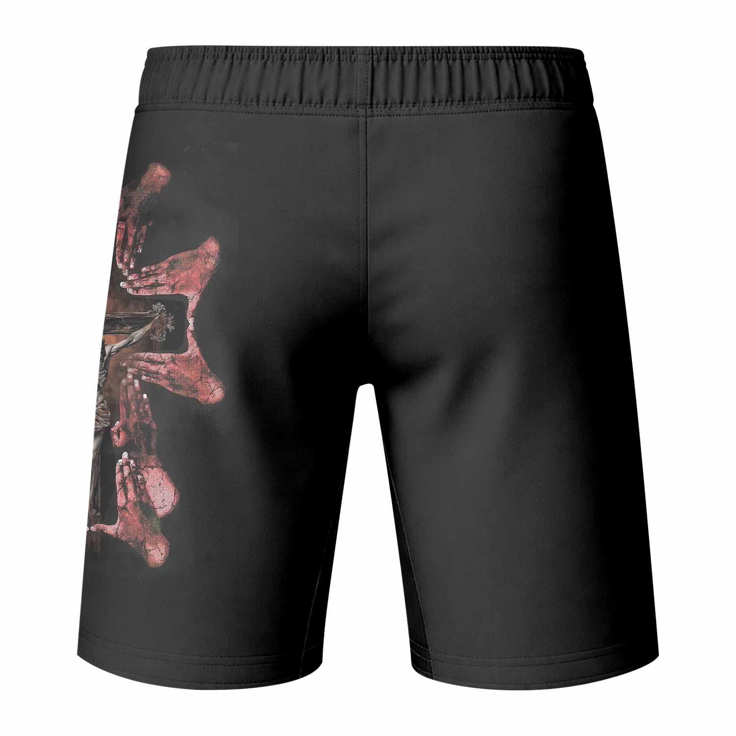 Stigmata Prayer Fight Shorts - Durable MMA, BJJ & Boxing Shorts - back view mockup