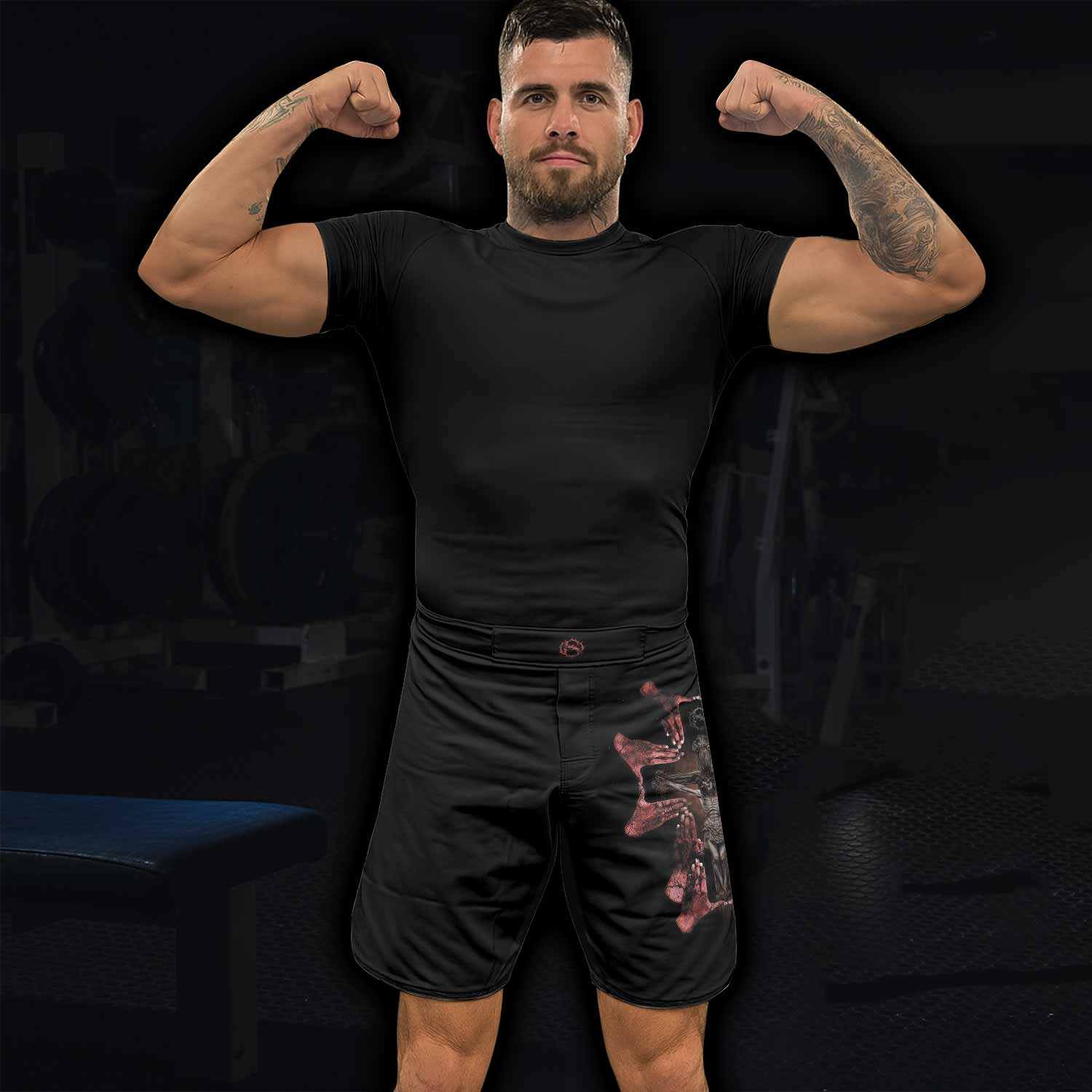 Stigmata Prayer Fight Shorts - Durable MMA, BJJ & Boxing Shorts - lifestyle view