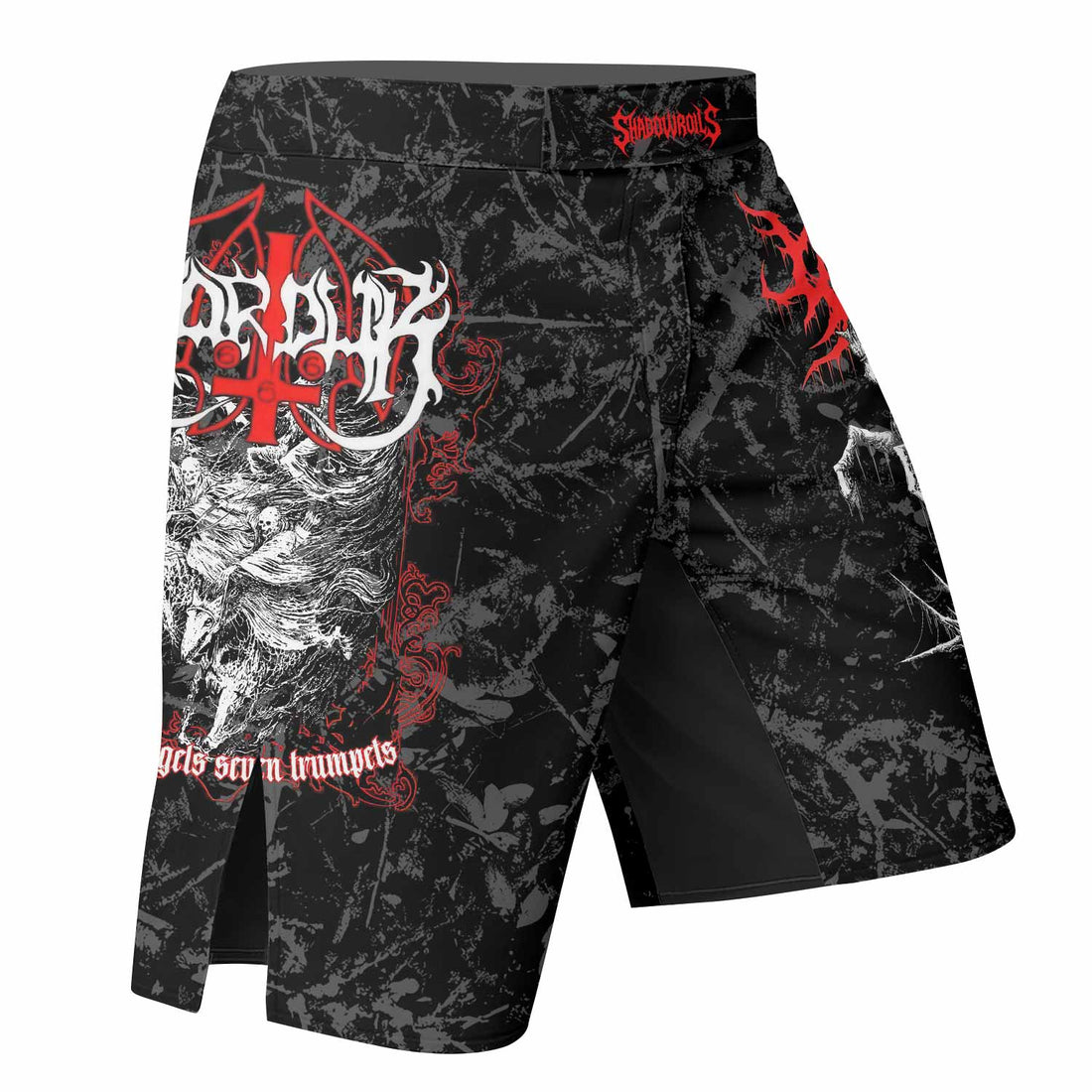 Trumpets of the End Fight Shorts - Durable & Flexible Gym Shorts - right side mockup
