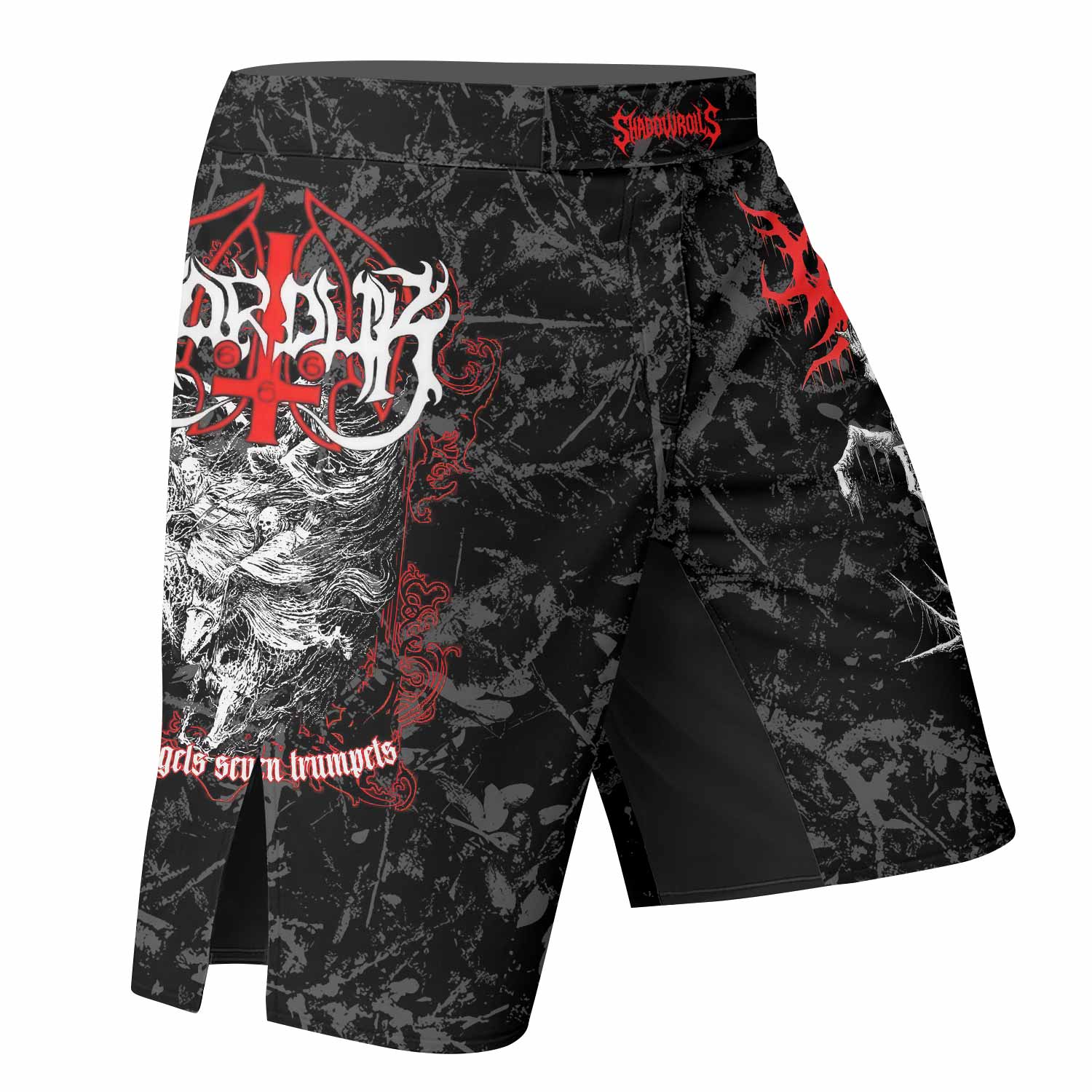 Trumpets of the End Fight Shorts - Durable & Flexible Gym Shorts - right side mockup