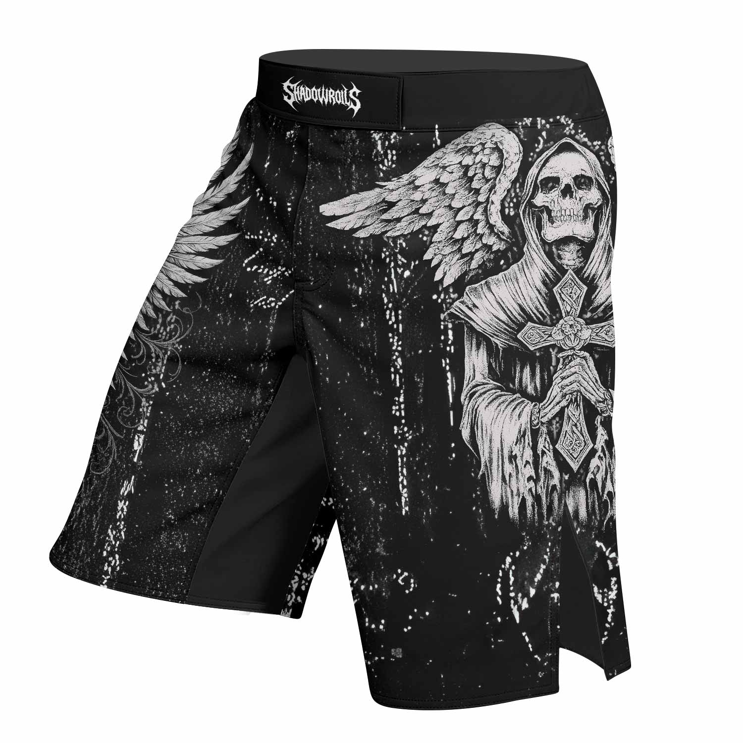 Angel of Death Fight Shorts - Durable MMA & BJJ Training Gear - left side mockup