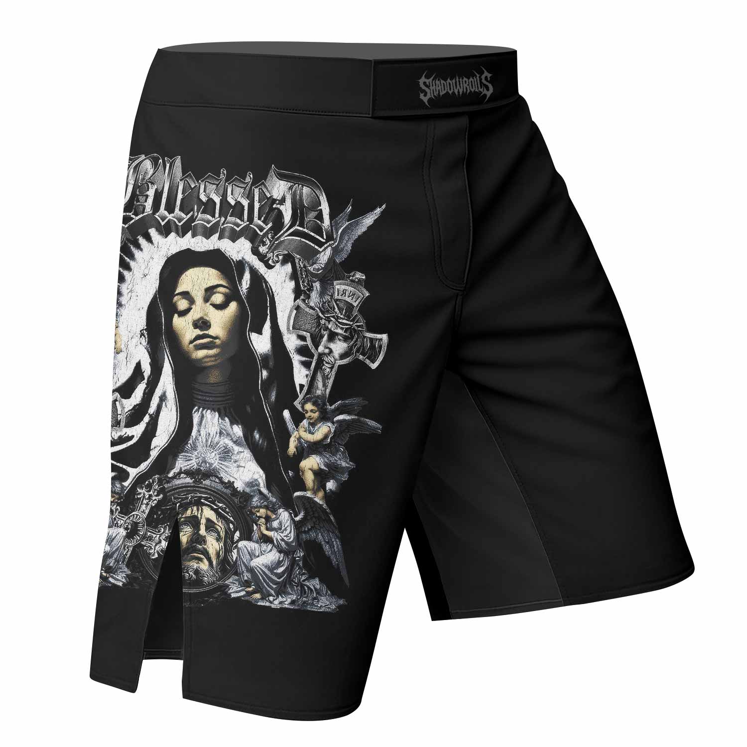 Blessed Saint Fight Shorts - Durable MMA & BJJ Training Gear - right side mockup