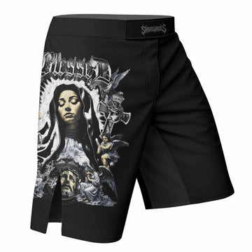 Blessed Saint Fight Shorts - Durable MMA & BJJ Training Gear - right side mockup