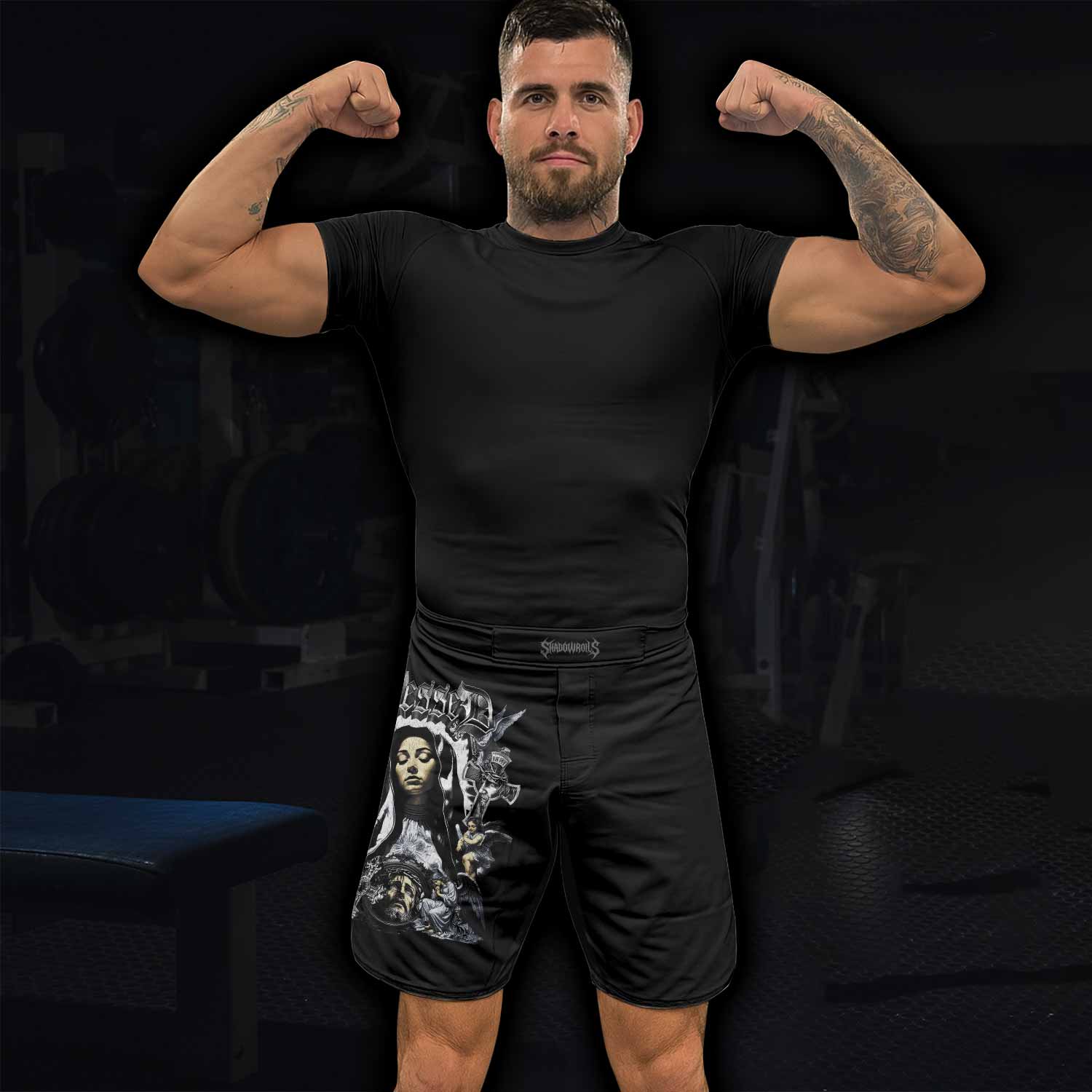 Blessed Saint Fight Shorts - Durable MMA & BJJ Training Gear - lifestyle view