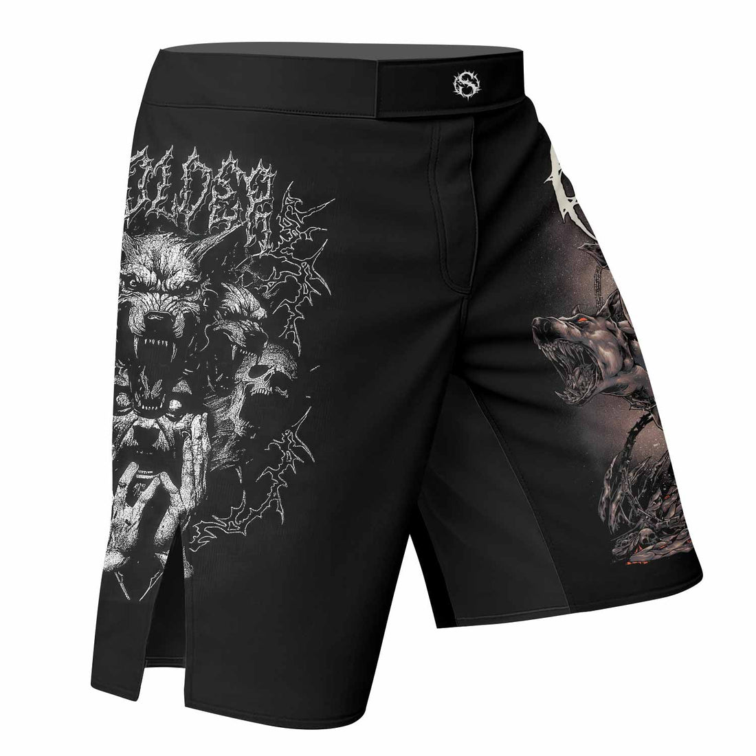 Dark Cerberus Unleashed Fight Shorts - MMA, BJJ, Boxing Gear - right side mockup