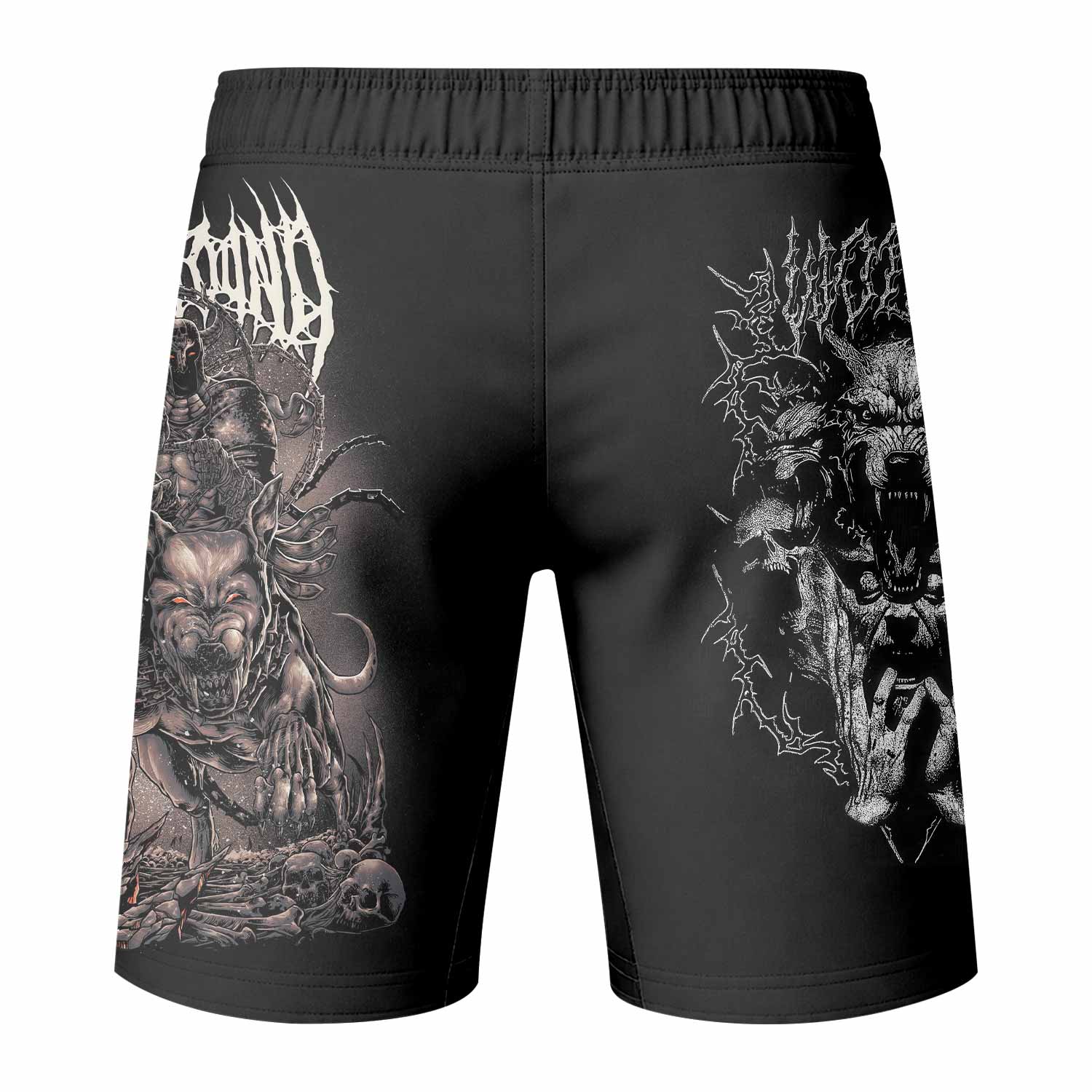 Dark Cerberus Unleashed Fight Shorts - MMA, BJJ, Boxing Gear - back view mockup