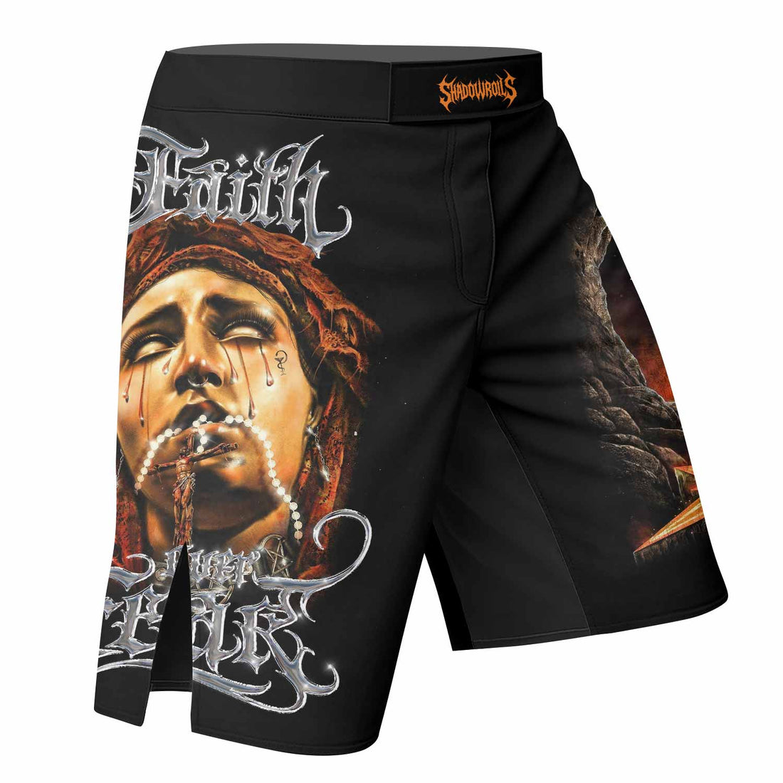 Faith Over Fear Fight Shorts - Durable Fight Shorts for MMA & Training - right side mockup