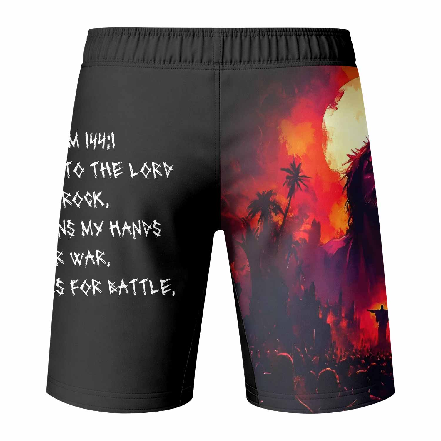 Red Redemption Fight Shorts - Durable Fight Shorts for MMA, BJJ, Boxing - back view mockup