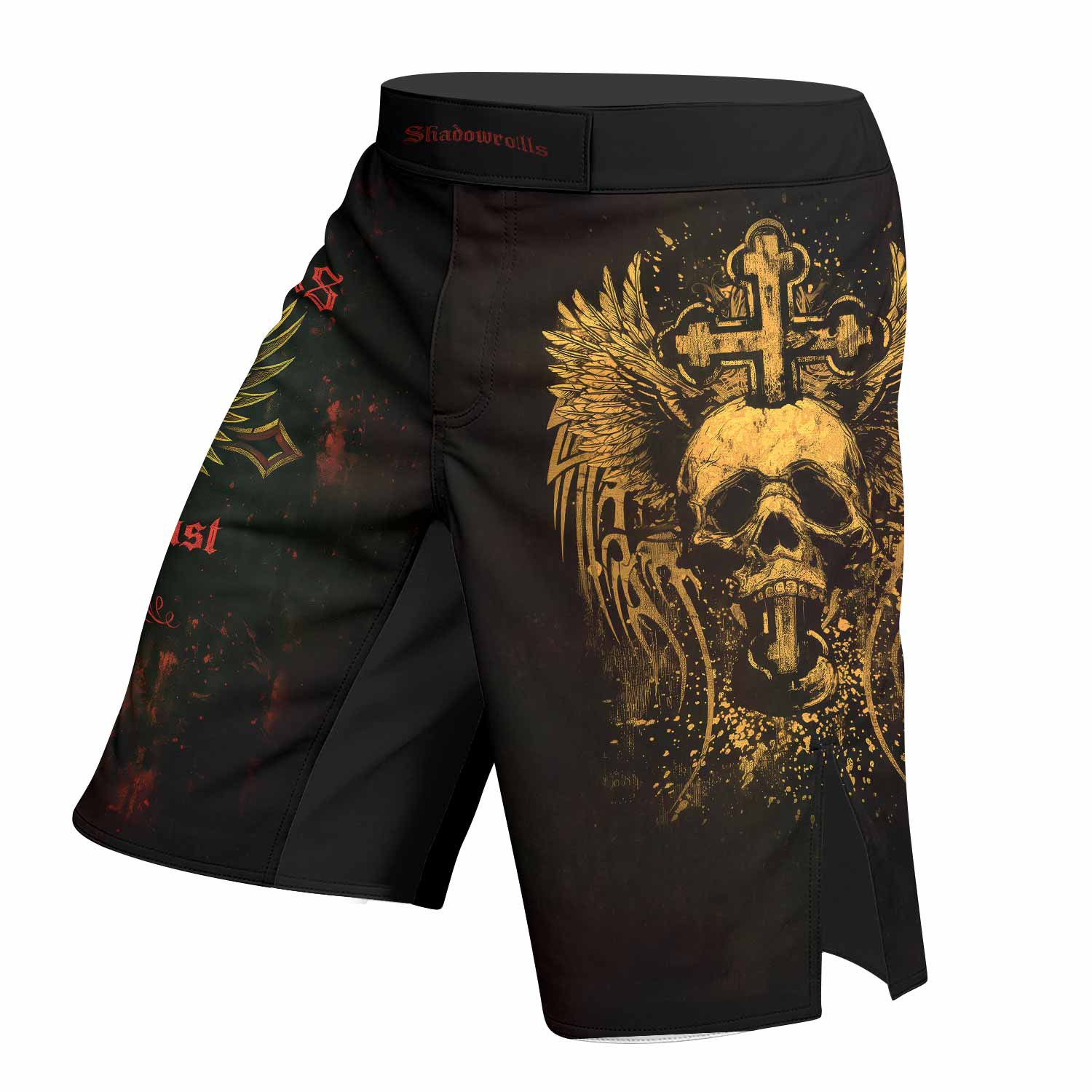 Burning Cross Rebellion Fight Shorts - Durable Performance MMA Shorts - left side mockup