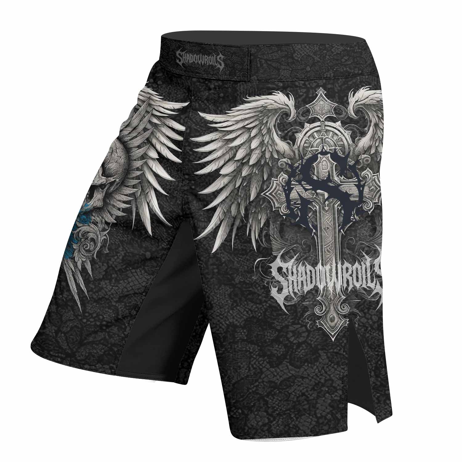 Twin Skulls Covenant Fight Shorts – Durable MMA, BJJ, Boxing Shorts - left side mockup