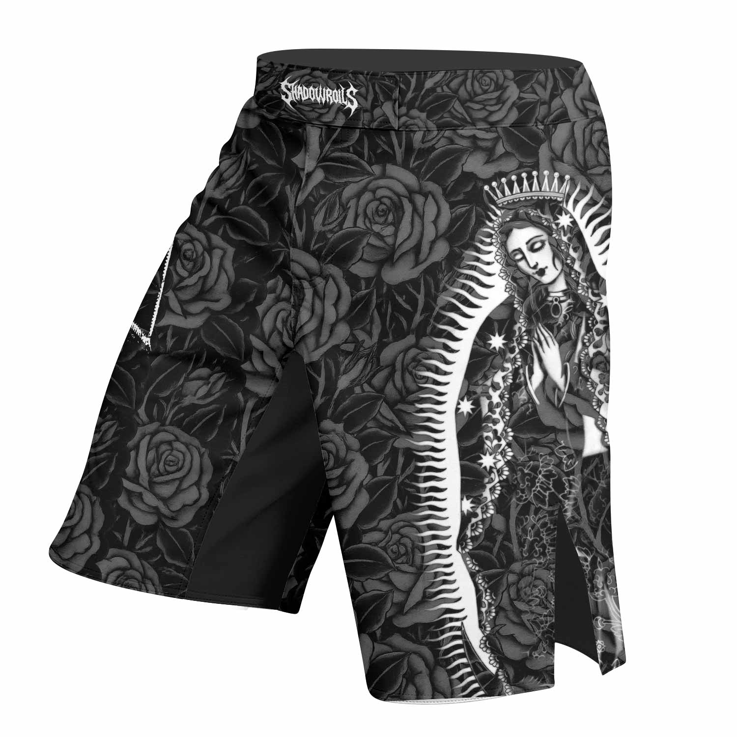 Black Rose Madonna Fight Shorts - Durable MMA & BJJ Gear - left side mockup
