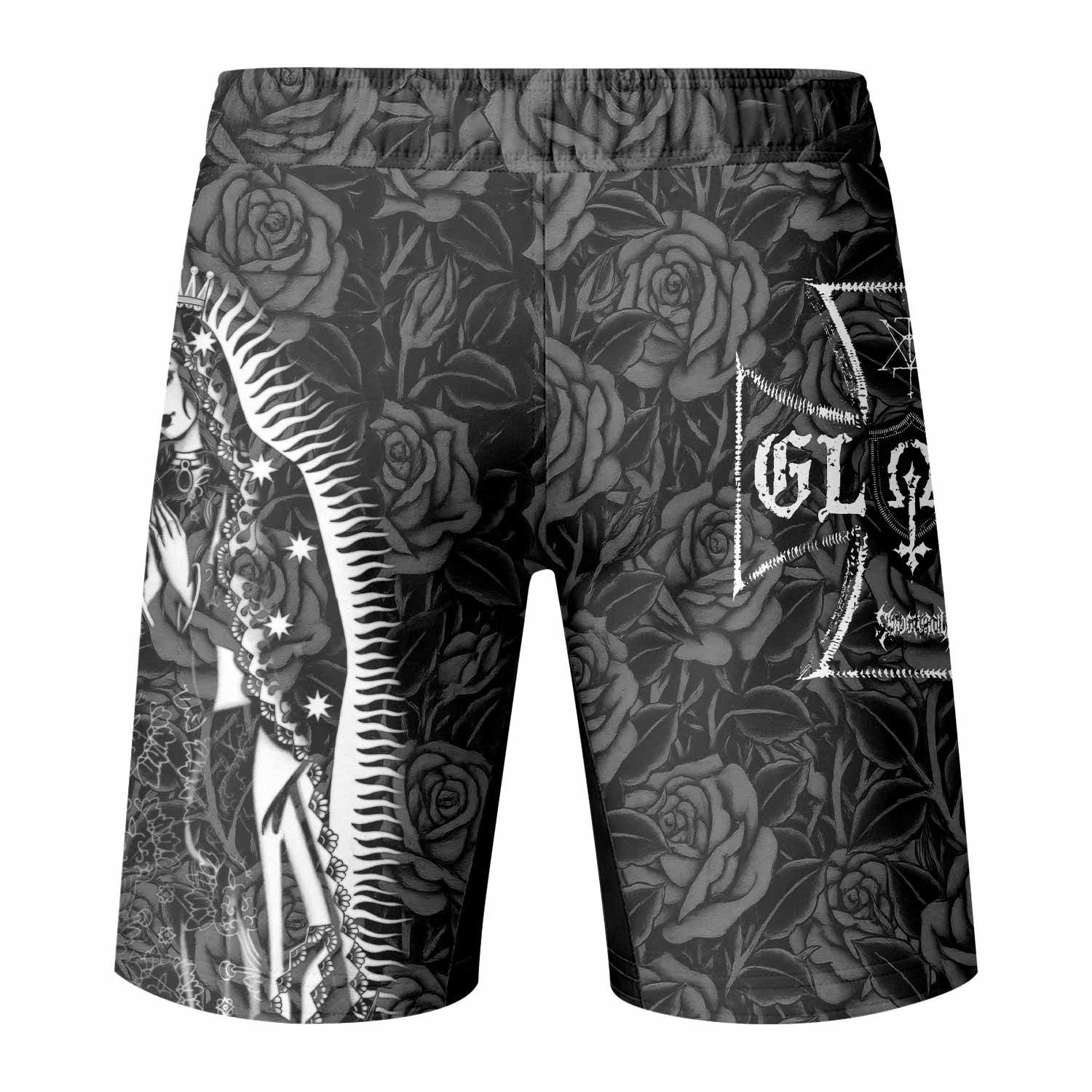 Black Rose Madonna Fight Shorts - Durable MMA & BJJ Gear - back view mockup
