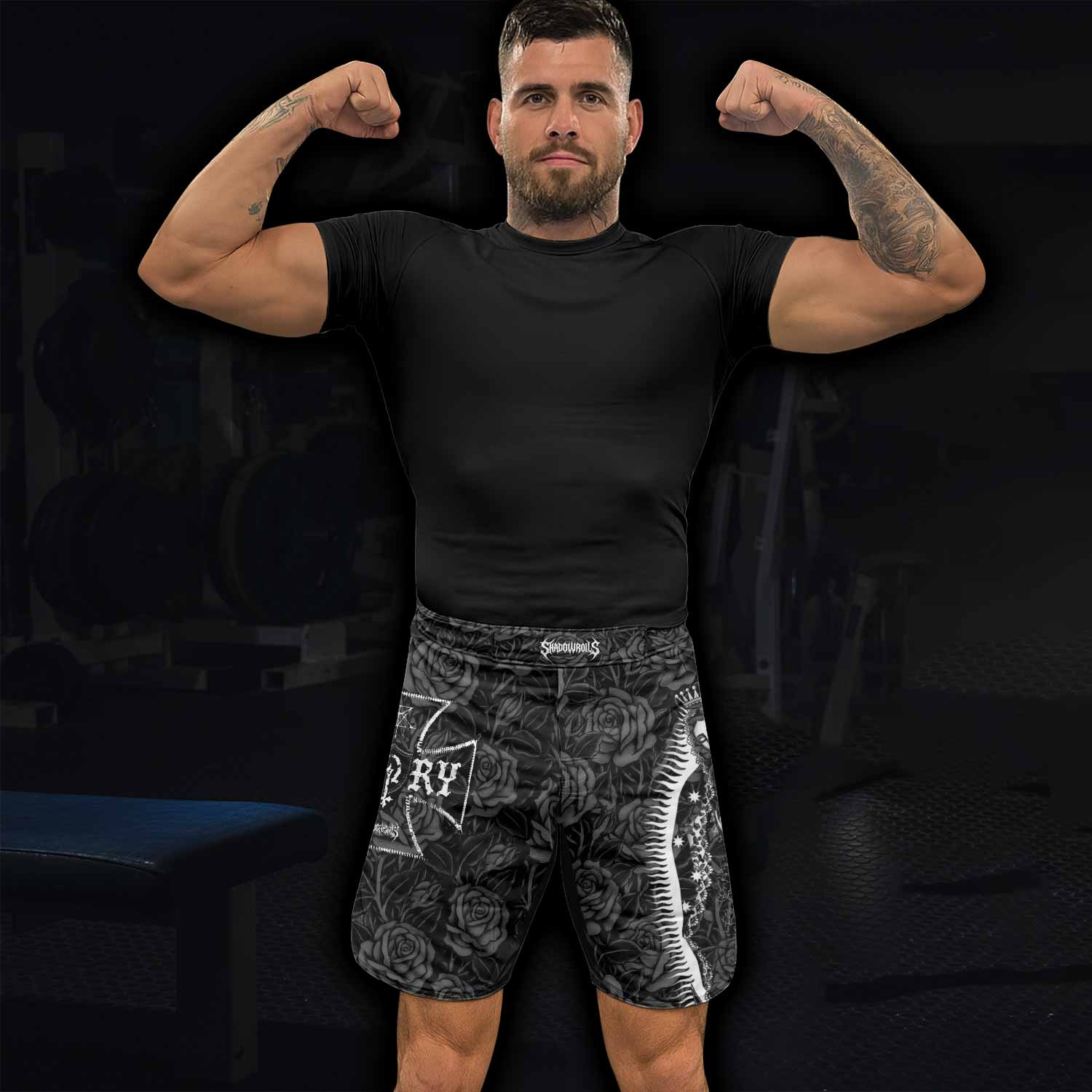 Black Rose Madonna Fight Shorts - Durable MMA & BJJ Gear - lifestyle view