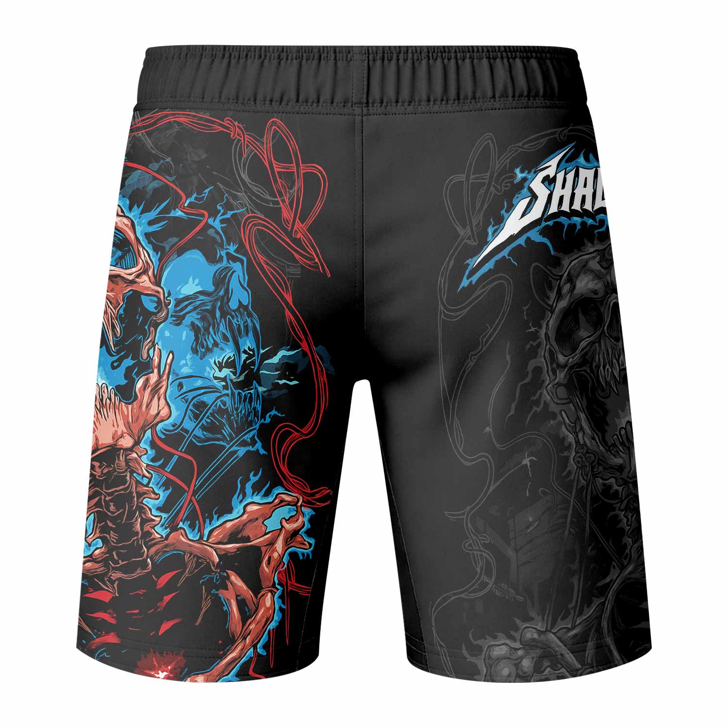Necro Chains Fight Shorts - Durable MMA, BJJ, & Boxing Gear - back view mockup