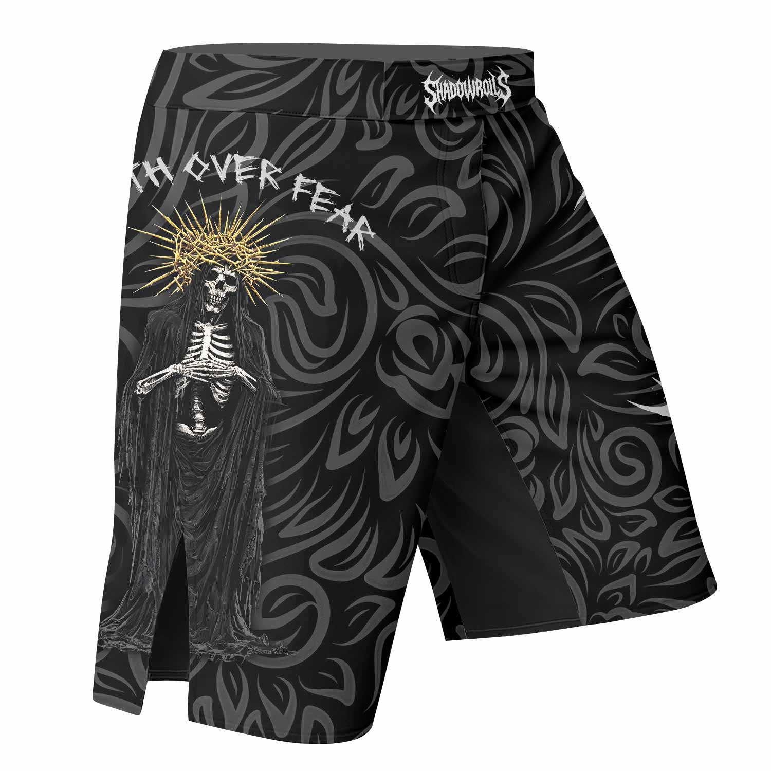 Faith Over Fear Dark Halo Fight Shorts | Durable MMA & BJJ Gear - right side mockup