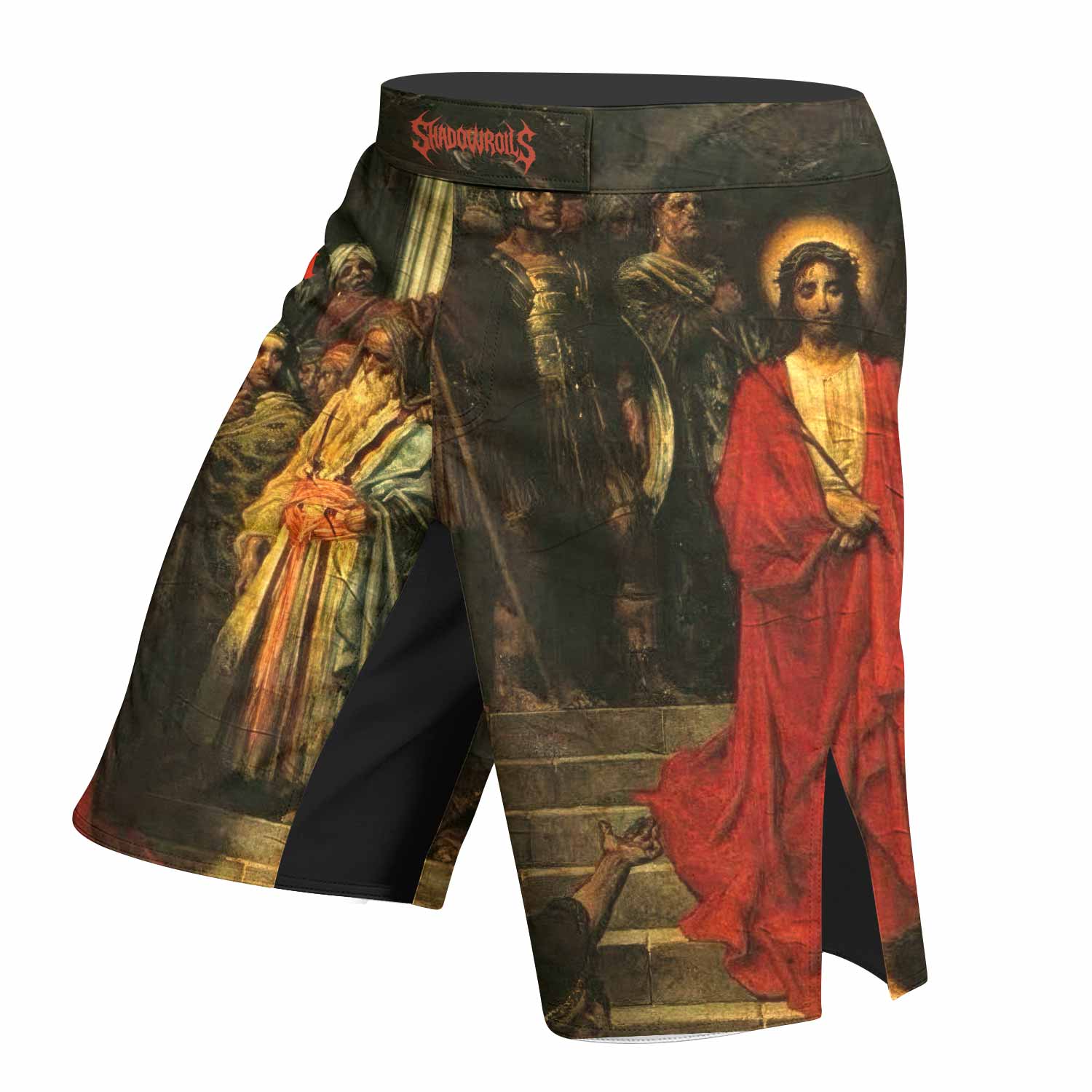 Crimson Messiah Fight Shorts | Durable MMA, BJJ & Boxing Shorts - left side mockup