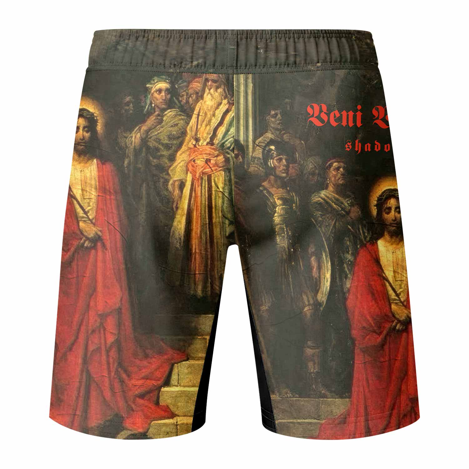 Crimson Messiah Fight Shorts | Durable MMA, BJJ & Boxing Shorts - back view mockup