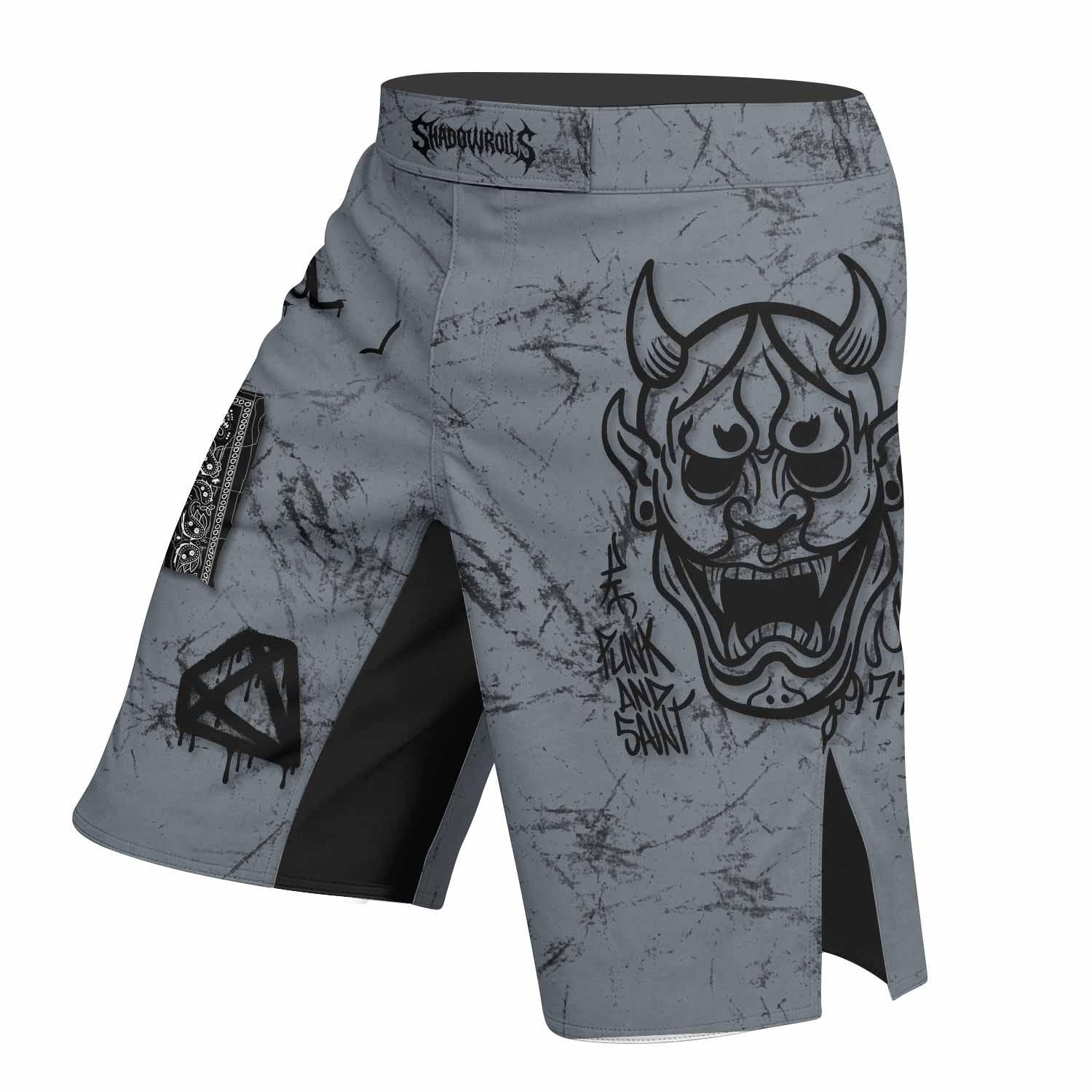 Oni Graffiti Fight Shorts - MMA, BJJ & Boxing Performance Gear - left side mockup