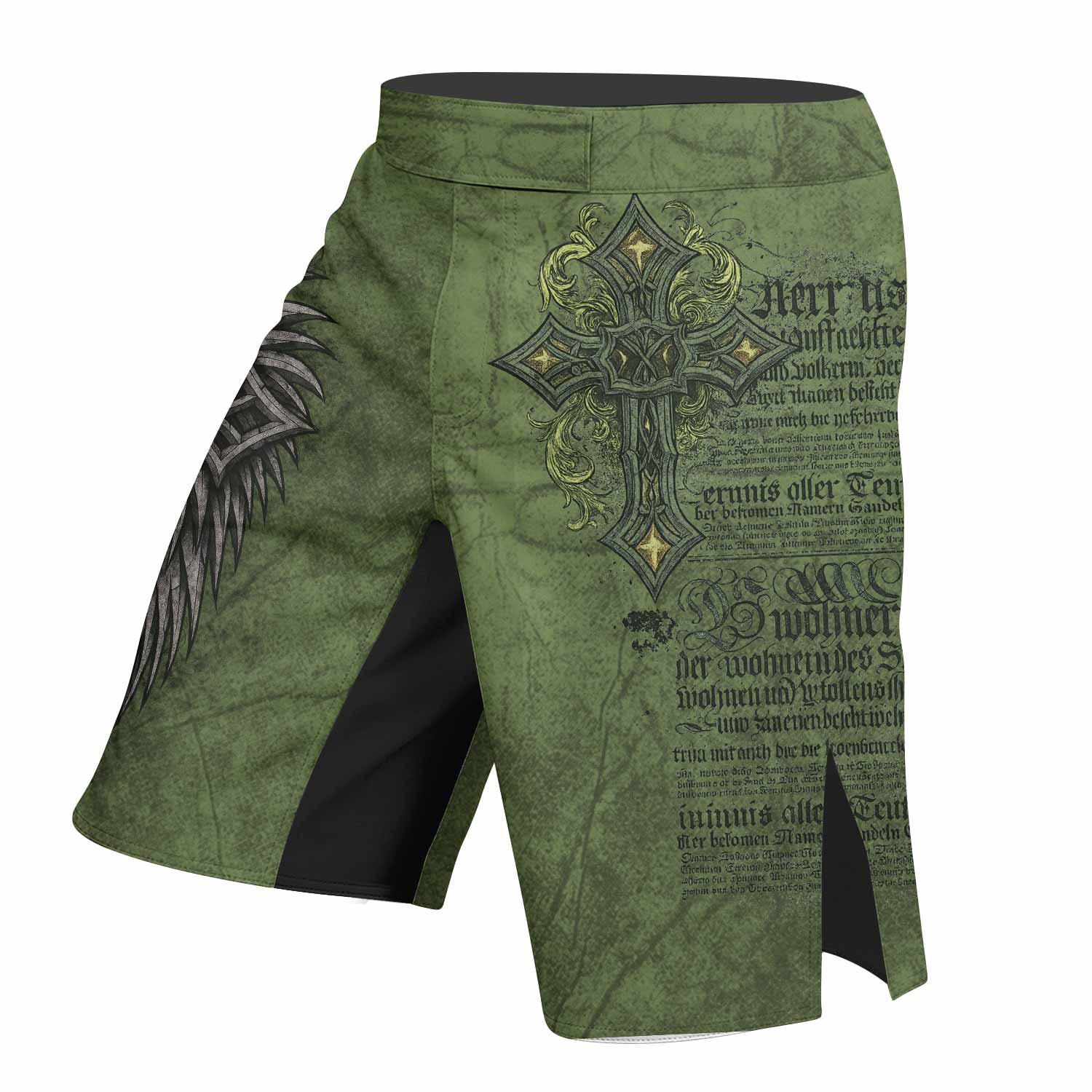 Gothic Cross Fight Shorts | Durable & Flexible MMA Shorts - left side mockup