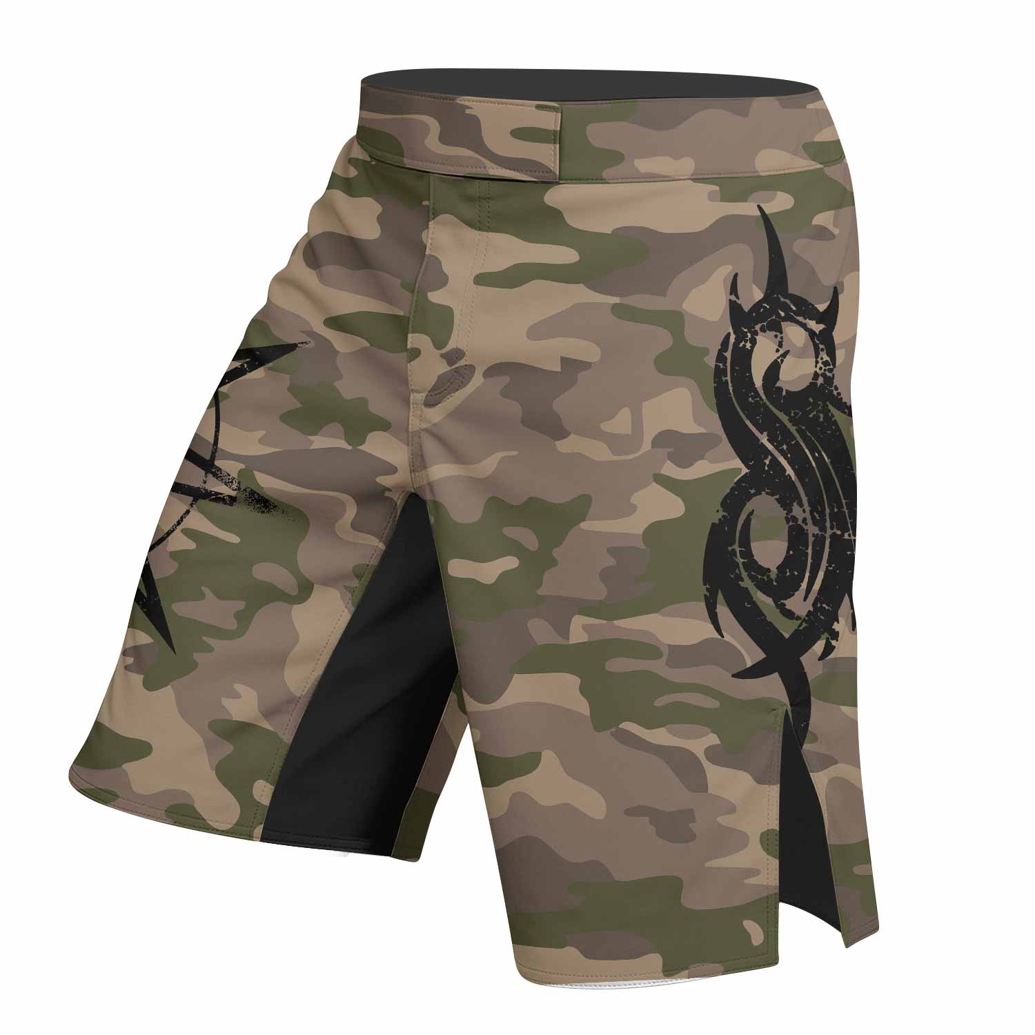Slipknot Mask Camo Fight Shorts - Durable MMA & BJJ Shorts - left side mockup