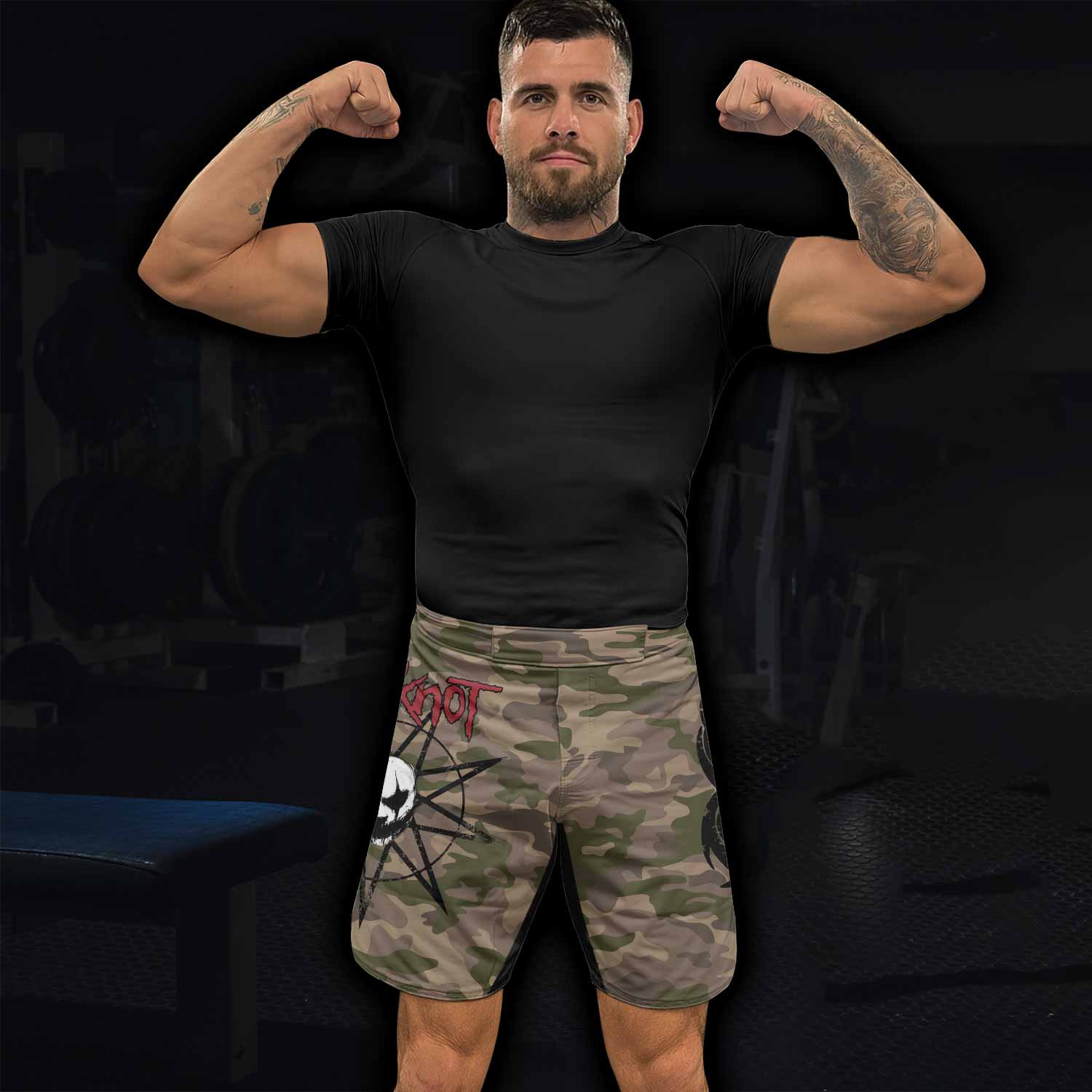 Slipknot Mask Camo Fight Shorts - Durable MMA & BJJ Shorts - lifestyle view
