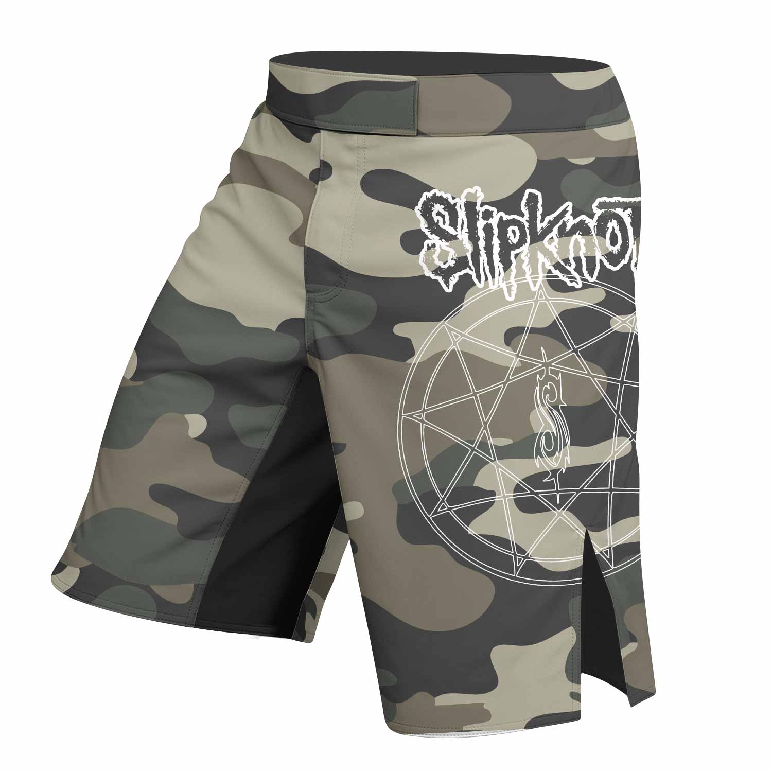 Slipknot Pentagram Camo Fight Shorts - Durable Fight Shorts for MMA & BJJ - left side mockup