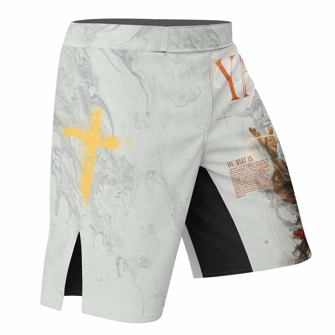 Yahweh I Am That I Am Fight Shorts | Durable MMA & BJJ Gear - right side mockup