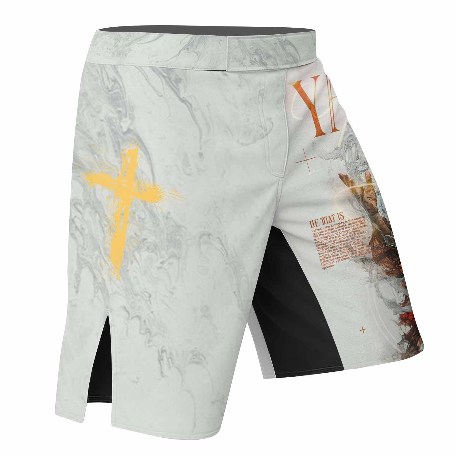 Yahweh I Am That I Am Fight Shorts | Durable MMA & BJJ Gear - right side mockup