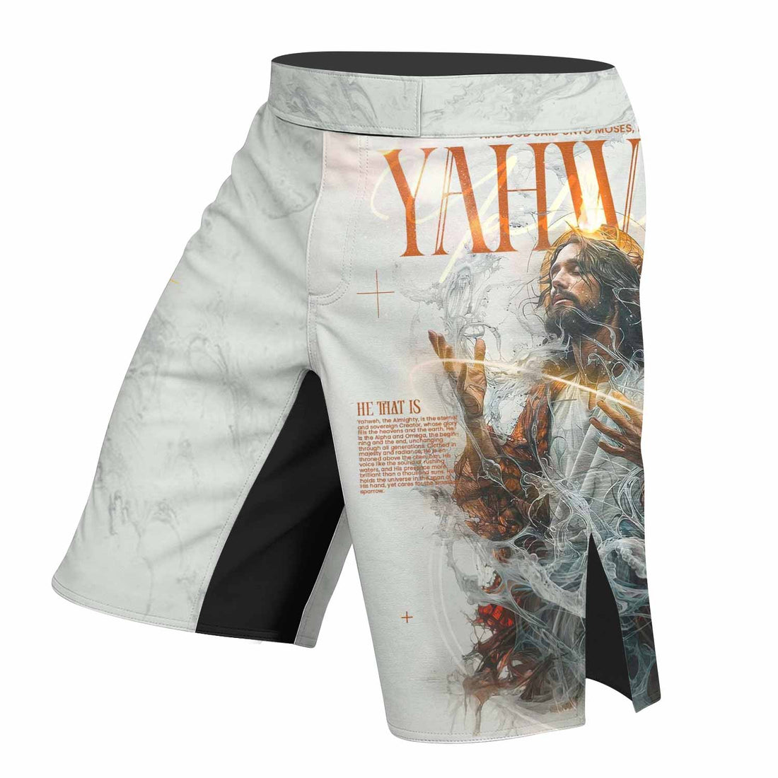 Yahweh I Am That I Am Fight Shorts | Durable MMA & BJJ Gear - right side mockup