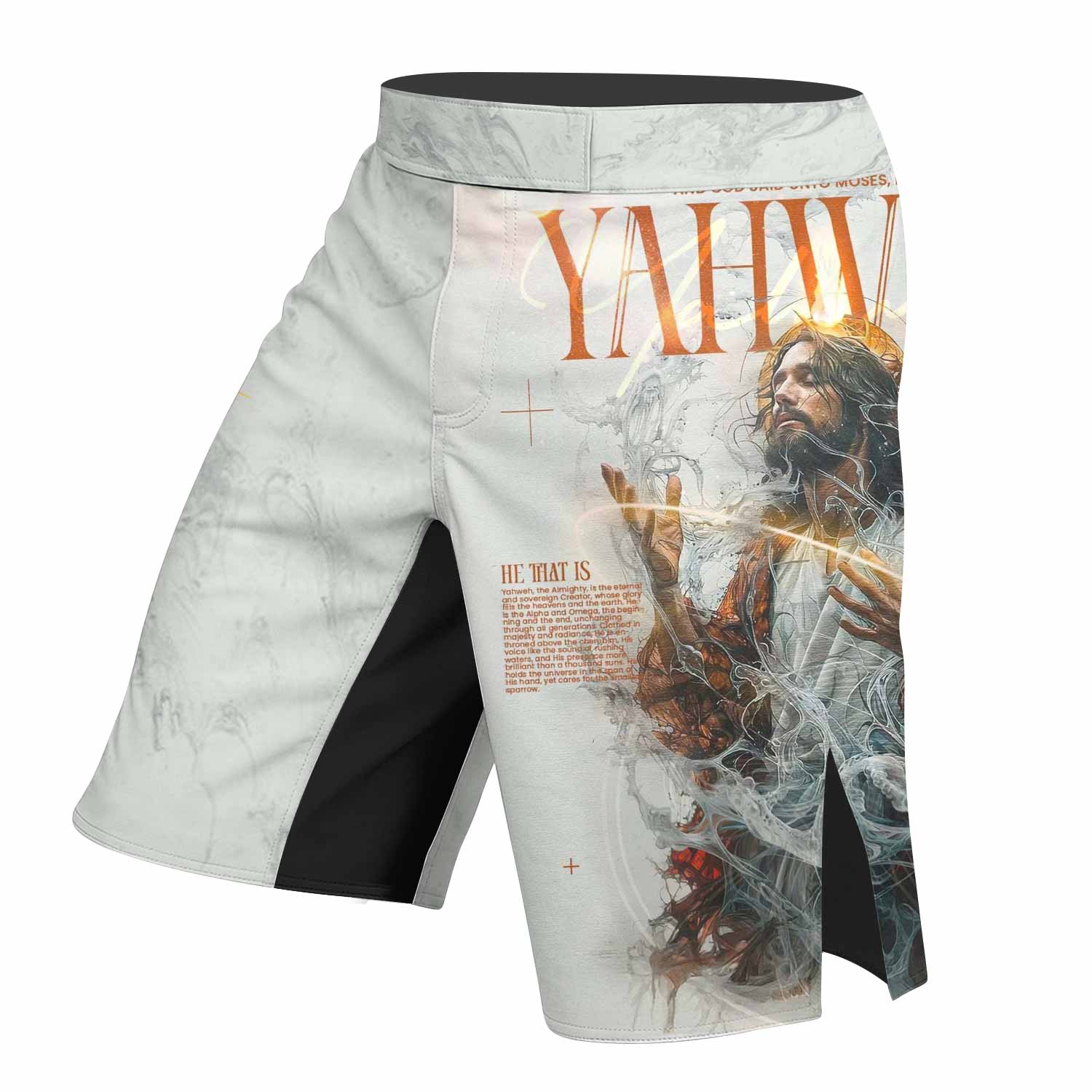 Yahweh I Am That I Am Fight Shorts | Durable MMA & BJJ Gear - left side mockup