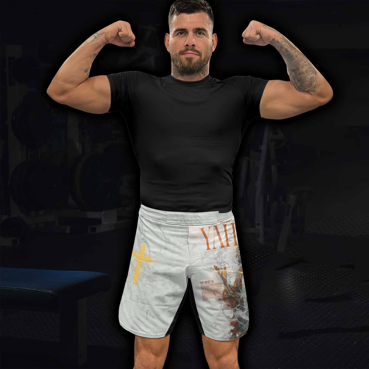 Yahweh I Am That I Am Fight Shorts | Durable MMA & BJJ Gear - lifestyle view