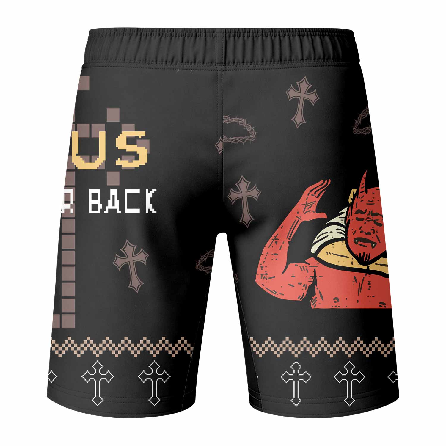 Jesus Has Your Back Fight Shorts | Durable Fight Shorts for MMA & BJJ - back view mockup