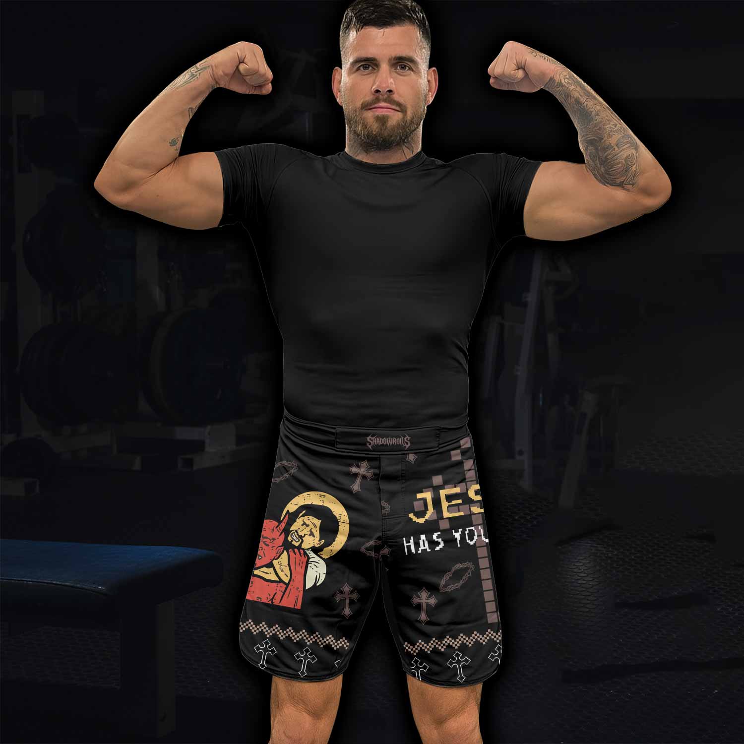 Jesus Has Your Back Fight Shorts | Durable Fight Shorts for MMA & BJJ - lifestyle view