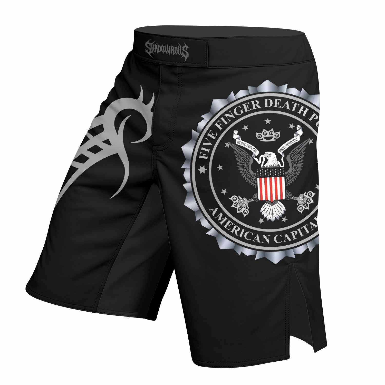 Five Finger Death Punch Fight Shorts - Durable MMA & Training Shorts - left side mockup