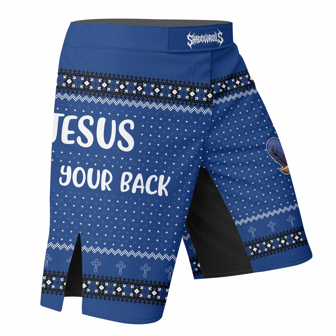 Jesus Has Your Back Blue Fight Shorts - MMA & BJJ Fight Shorts - right side mockup