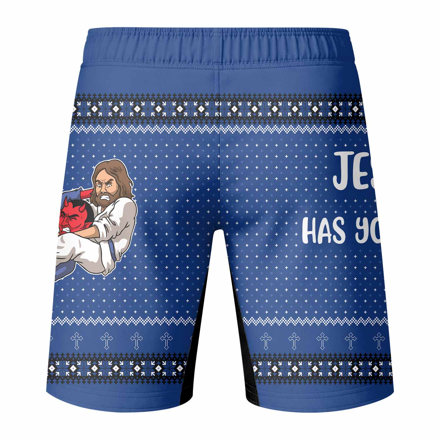 Jesus Has Your Back Blue Fight Shorts - MMA & BJJ Fight Shorts - back view mockup