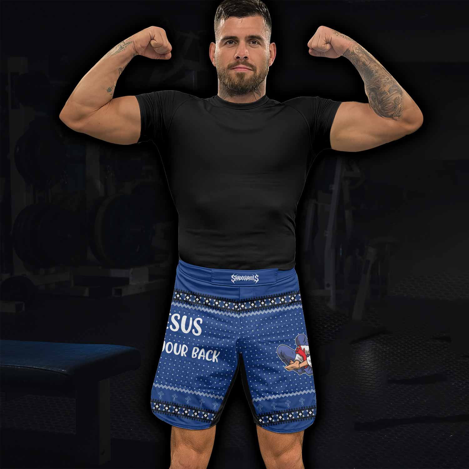 Jesus Has Your Back Blue Fight Shorts - MMA & BJJ Fight Shorts - lifestyle view