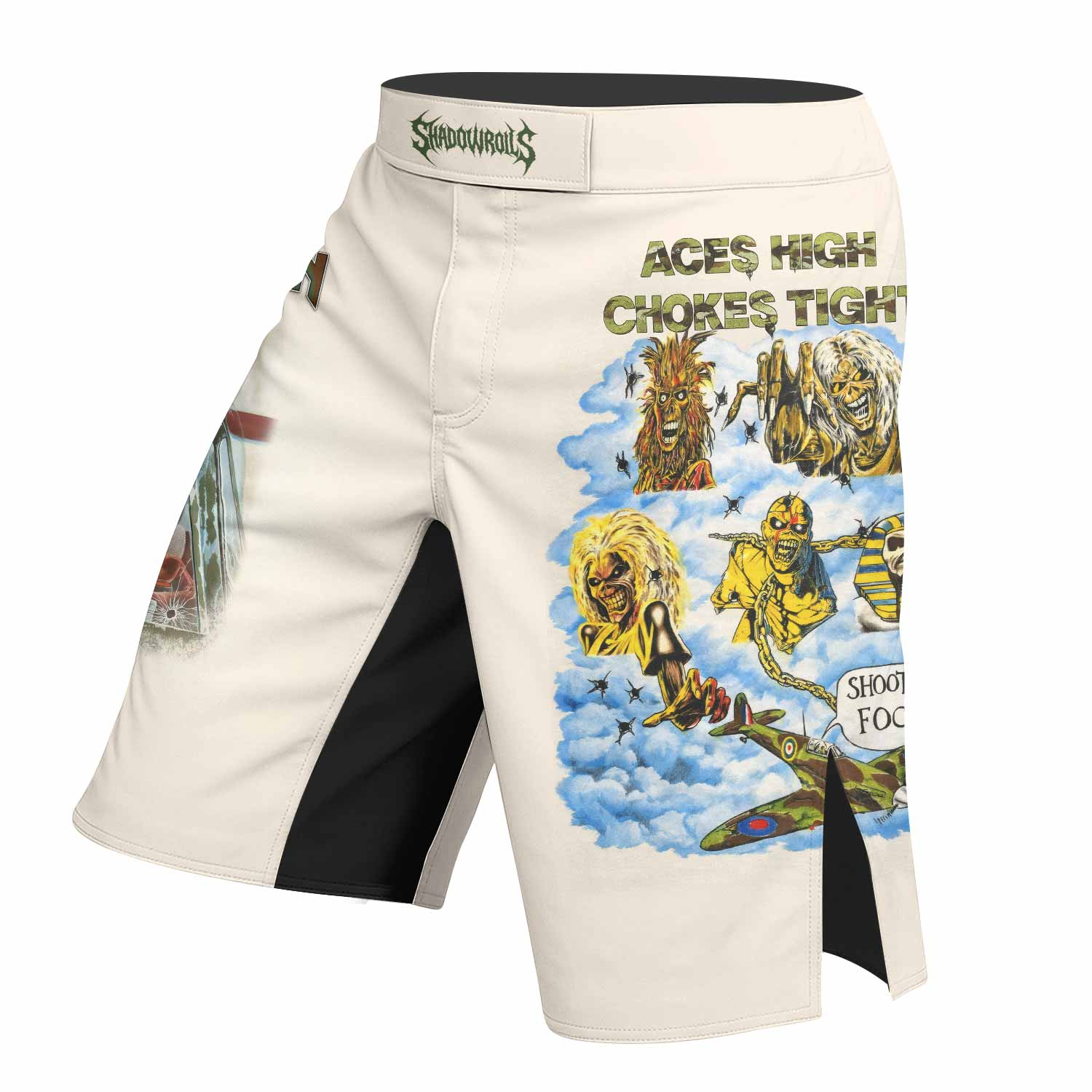 Iron Maiden Aces High Chokes Tight Fight Shorts - MMA, BJJ, Boxing - left side mockup