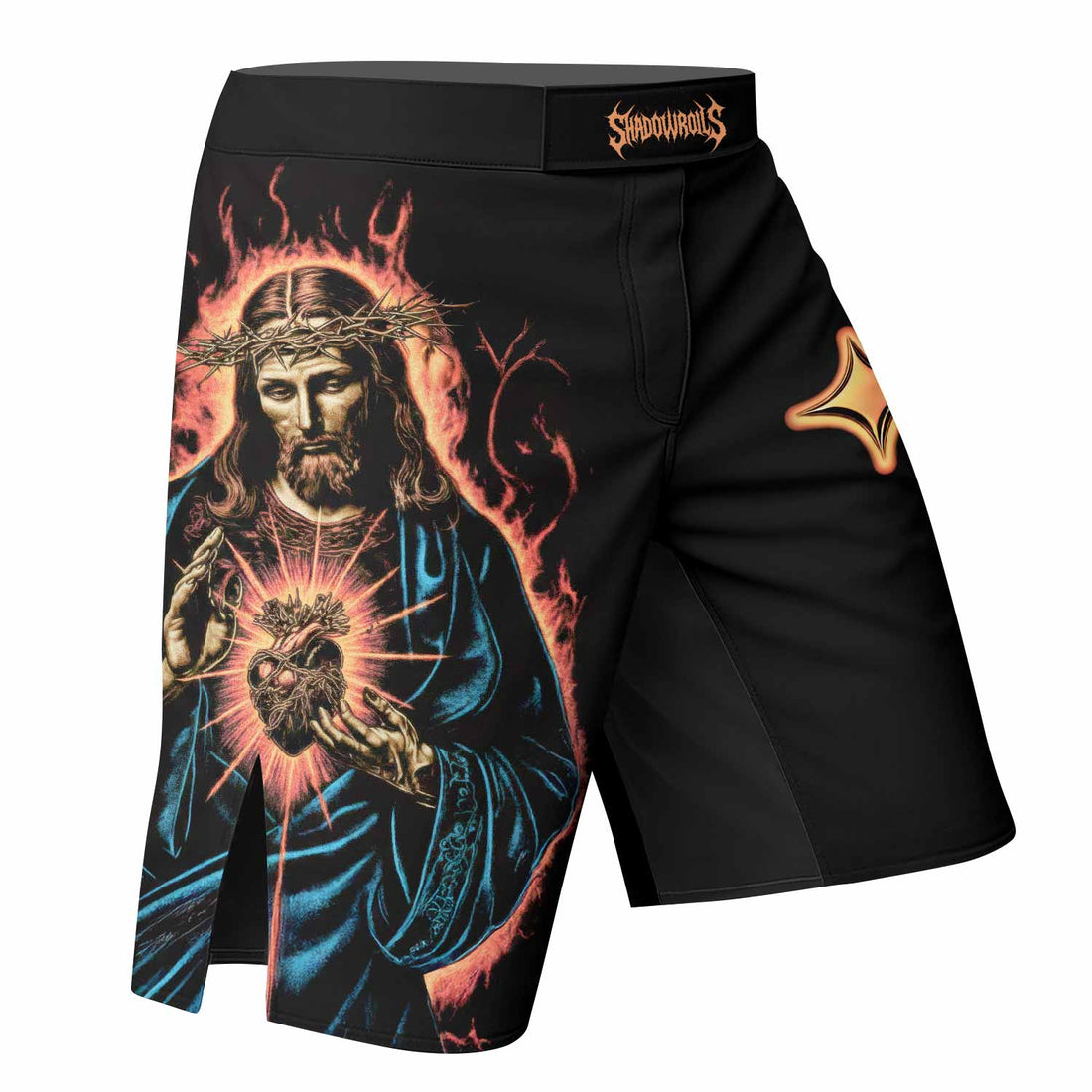Sacred Heart Fight Shorts - Durable MMA, BJJ & Boxing Shorts - right side mockup