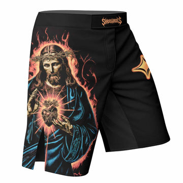 Sacred Heart Fight Shorts - Durable MMA, BJJ & Boxing Shorts - right side mockup