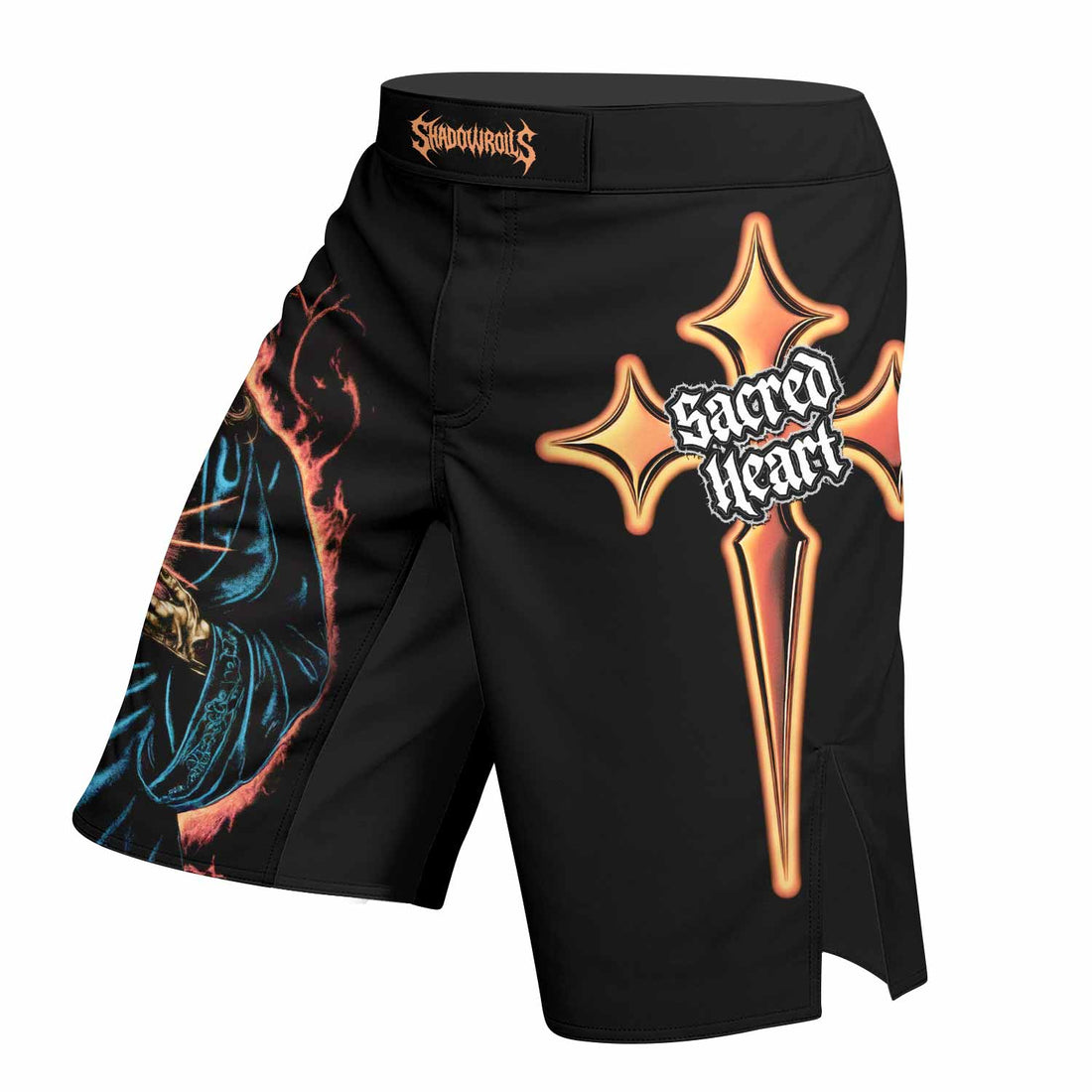 Sacred Heart Fight Shorts - Durable MMA, BJJ & Boxing Shorts - right side mockup